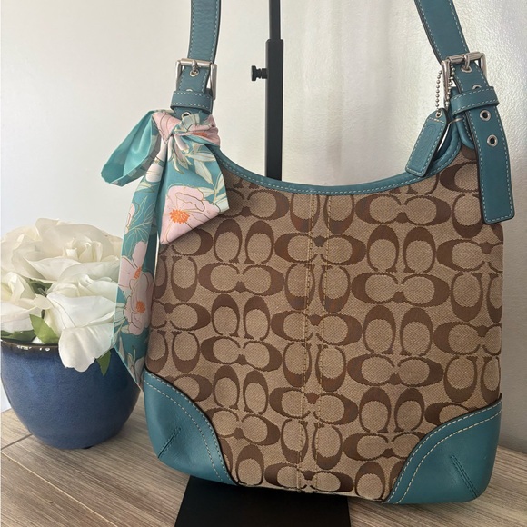 Coach Hampton Signature Jacquard Brown and Teal Hobo Bag - Picture 2 of 12
